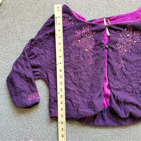 Free People Cardigan Crinkly Purple Pink Wool Silk Beaded Fairy Shrug | Sz L - Picture 12 of 16